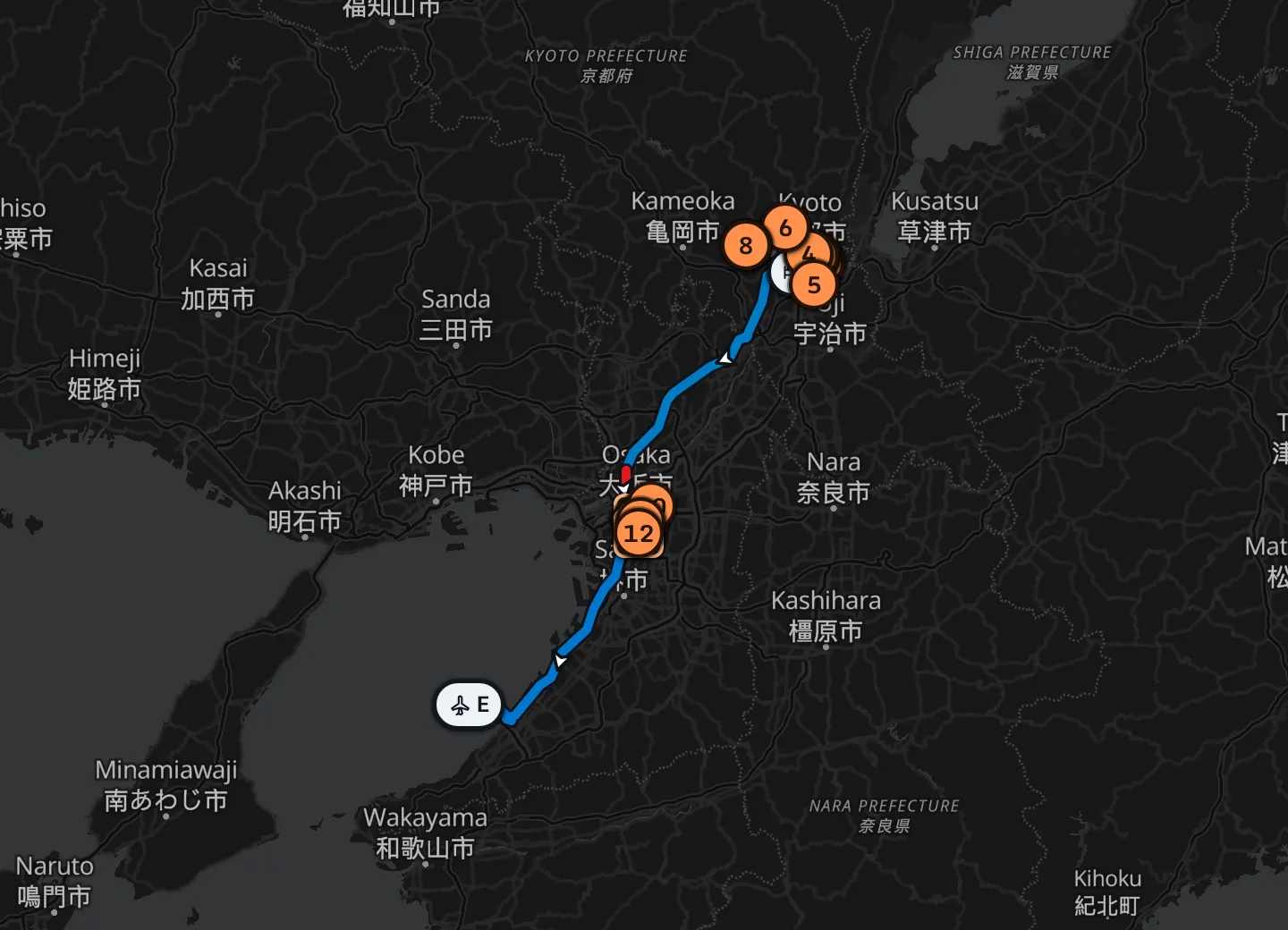 Map of the whole trip: Kyoto’s stops in the north on Days 1 and 2, the train down to Osaka, and Osaka’s stops before the ride to Kansai Airport